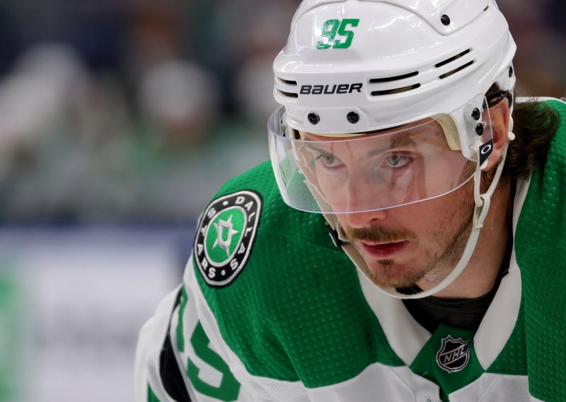 Feb 6, 2024; Buffalo, New York, USA;  Dallas Stars center Matt Duchene (95) waits for the face-off during the first period against the Buffalo Sabres at KeyBank Center. Mandatory Credit: Timothy T. Ludwig-USA TODAY Sports