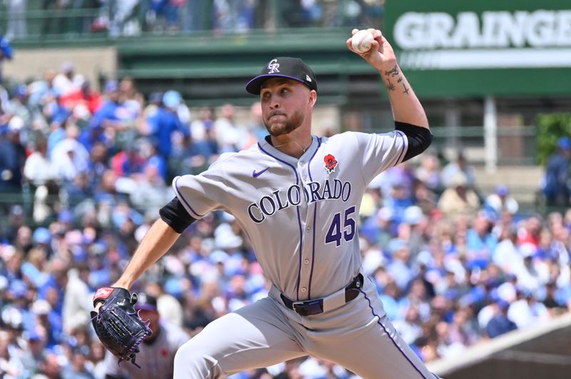May 26, 2025; Chicago, Illinois, USA; Colorado Rockies starting pitcher Carson Palmquist (45) pitches during the first inning against the Chicago Cubs at Wrigley Field. Mandatory Credit: Patrick Gorski-Imagn Images