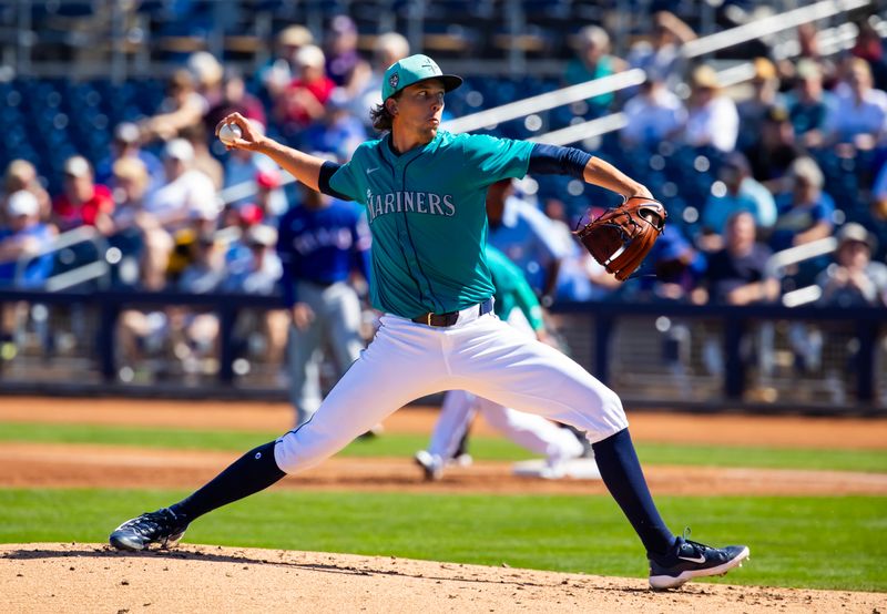 Mar 5, 2024; Peoria, Arizona, USA; Seattle Mariners pitcher Logan Gilbert against the Texas Rangers during a spring training baseball game at Peoria Sports Complex. Mandatory Credit: Mark J. Rebilas-USA TODAY Sports