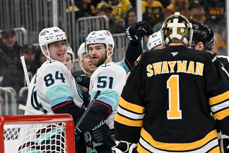 Jan 15, 2026; Boston, Massachusetts, USA; Seattle Kraken right wing Kaapo Kakko (84) reacts after a goal by right wing Eeli Tolvanen (not pictured) against Boston Bruins goaltender Jeremy Swayman (1) during the second period at TD Garden. Mandatory Credit: Eric Canha-Imagn Images