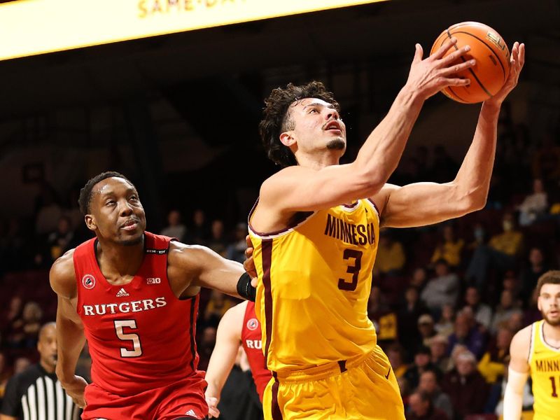 Mar 2, 2023; Minneapolis, Minnesota, USA; Minnesota Golden Gophers forward Dawson Garcia (3) shoots against the Rutgers Scarlet Knights during the first half at Williams Arena. Mandatory Credit: Matt Krohn-USA TODAY Sports