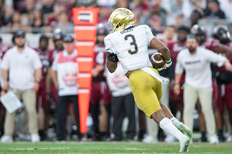 Dec 30, 2022; Jacksonville, FL, USA; Notre Dame Fighting Irish running back Logan Diggs (3) runs the ball against the South Carolina Gamecocks in the second quarter in the 2022 Gator Bowl at TIAA Bank Field. Mandatory Credit: Jeremy Reper-USA TODAY Sports