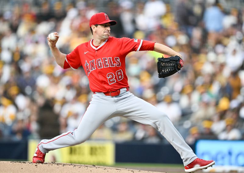 May 14, 2025; San Diego, California, USA; Los Angeles Angels starting pitcher Kyle Hendricks (28) during the first inning against the San Diego Padres at Petco Park. Mandatory Credit: Denis Poroy-Imagn Images