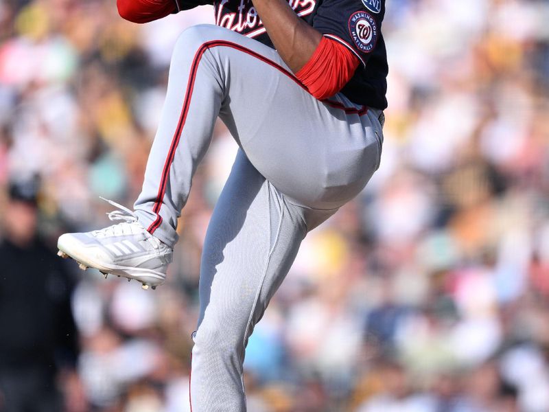 Jun 24, 2023; San Diego, California, USA; Washington Nationals starting pitcher Josiah Gray (40) throws a pitch against the San Diego Padres during the first inning at Petco Park. Mandatory Credit: Orlando Ramirez-USA TODAY Sports