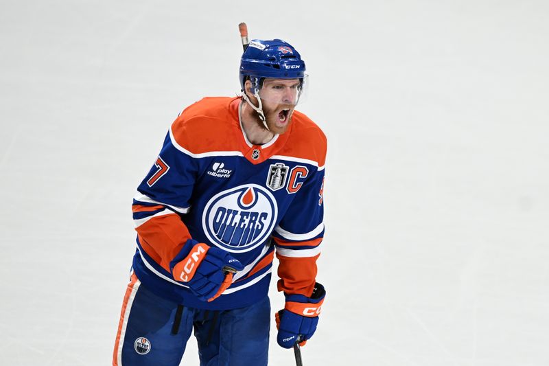 Jun 6, 2025; Edmonton, Alberta, CAN; Edmonton Oilers center Connor McDavid (97) reacts against the Florida Panthers during the first period in game two of the 2025 Stanley Cup Final at Rogers Place. Mandatory Credit: Walter Tychnowicz-Imagn Images