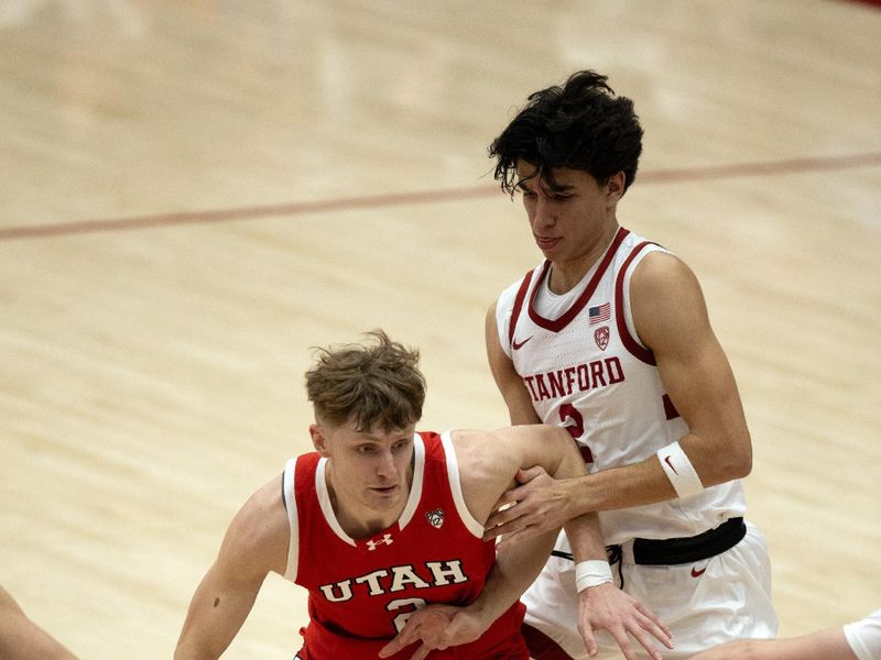 Jan 14, 2024; Stanford, California, USA; Utah Utes guard Cole Bajema (2) drives past Stanford Cardinal guard Andrej Stojakovic during the second half at Maples Pavilion. Mandatory Credit: D. Ross Cameron-USA TODAY Sports