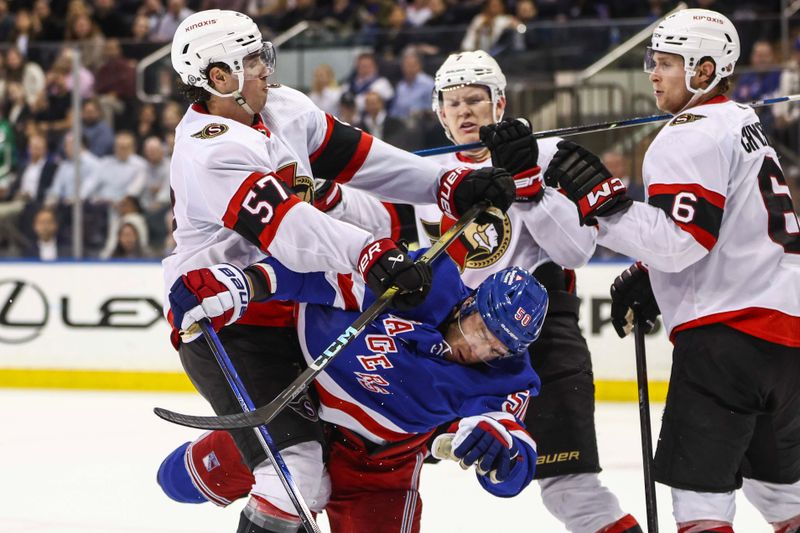 Apr 15, 2024; New York, New York, USA;  Ottawa Senators center Shane Pinto (57) collides with New York Rangers left wing Will Cuylle (50) in the third period at Madison Square Garden. Mandatory Credit: Wendell Cruz-USA TODAY Sports