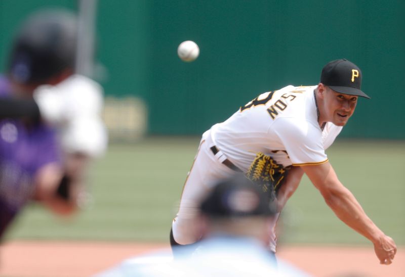 May 10, 2023; Pittsburgh, Pennsylvania, USA;  Pittsburgh Pirates relief pitcher Robert Stephenson (43) pitches against  Colorado Rockies second baseman Alan Trejo (13) during the seventh inning at PNC Park. Mandatory Credit: Charles LeClaire-USA TODAY Sports