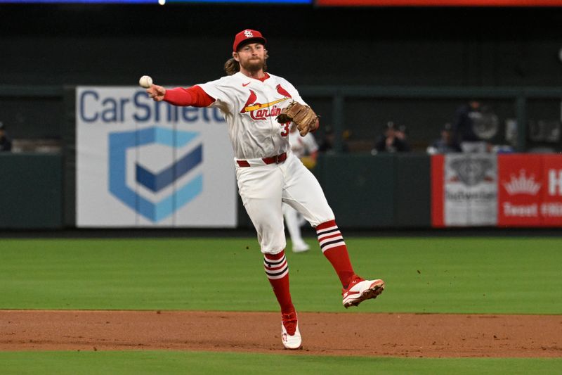 Sep 6, 2024; St. Louis, Missouri, USA; St. Louis Cardinals second baseman Brendan Donovan (33) throws to first for an out against the Seattle Mariners in the first inning at Busch Stadium. Mandatory Credit: Joe Puetz-Imagn Images