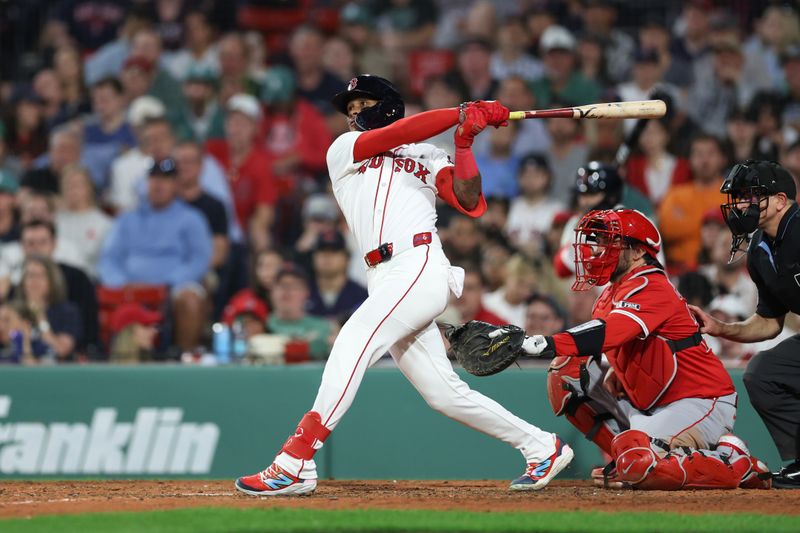 Jun 3, 2025; Boston, Massachusetts, USA; Boston Red Sox center fielder Ceddanne Rafaela (3) hits a two run home run during the sixth inning against the Los Angeles Angels at Fenway Park. Mandatory Credit: Paul Rutherford-Imagn Images