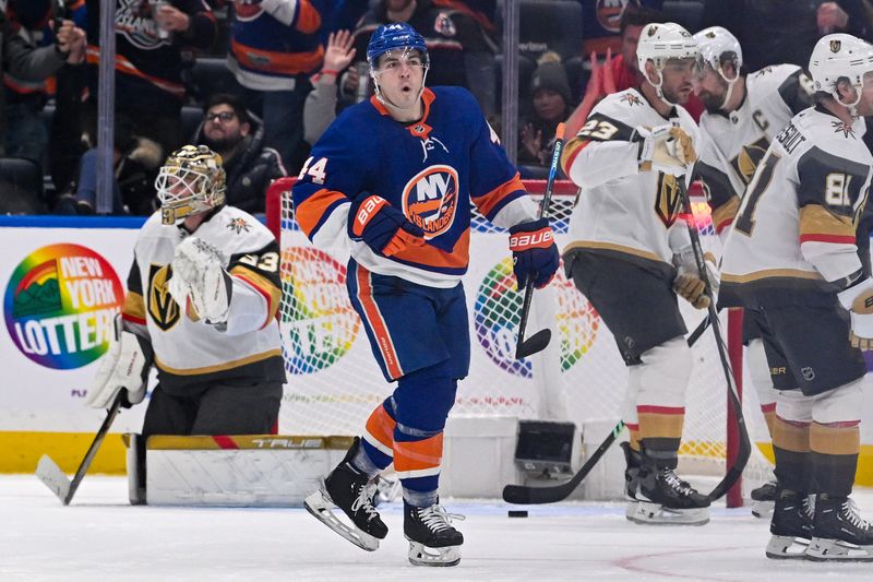 Jan 23, 2024; Elmont, New York, USA;  New York Islanders center Jean-Gabriel Pageau (44) celebrates his goal against the Vegas Golden Knights during the third period at UBS Arena. Mandatory Credit: Dennis Schneidler-USA TODAY Sports