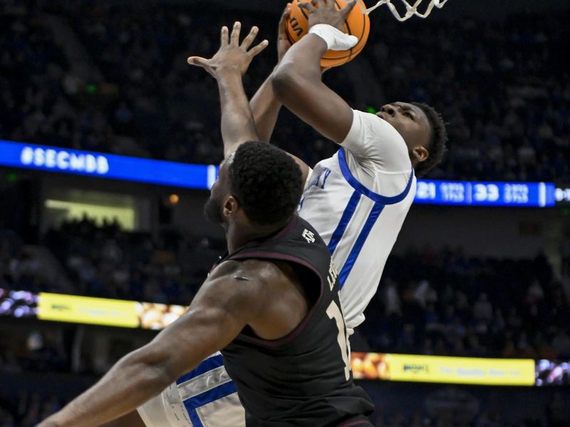 Mar 15, 2024; Nashville, TN, USA; Texas A&M Aggies guard Bryce Lindsay (3) shoots and gets fouled against the Texas A&M Aggies during the second half at Bridgestone Arena. Mandatory Credit: Steve Roberts-USA TODAY Sports