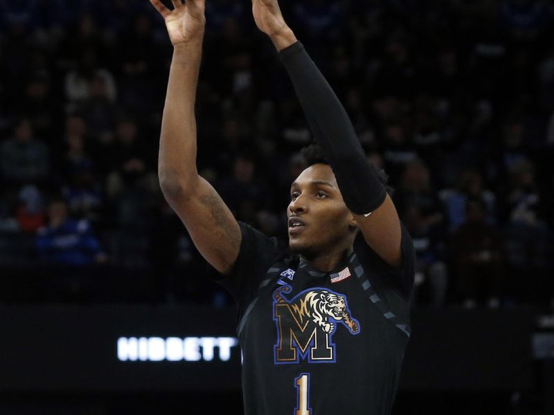 Jan 26, 2023; Memphis, Tennessee, USA; Memphis Tigers guard Keonte Kennedy (1) shoots for three during the first half against the Southern Methodist Mustangs at FedExForum. Mandatory Credit: Petre Thomas-USA TODAY Sports