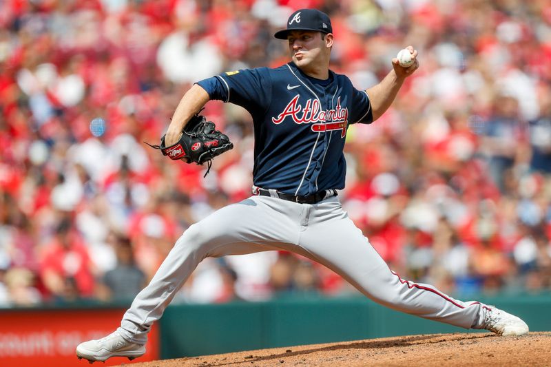 Jun 24, 2023; Cincinnati, Ohio, USA; Atlanta Braves starting pitcher Jared Shuster (45) pitches against the Cincinnati Reds in the first inning at Great American Ball Park. Mandatory Credit: Katie Stratman-USA TODAY Sports