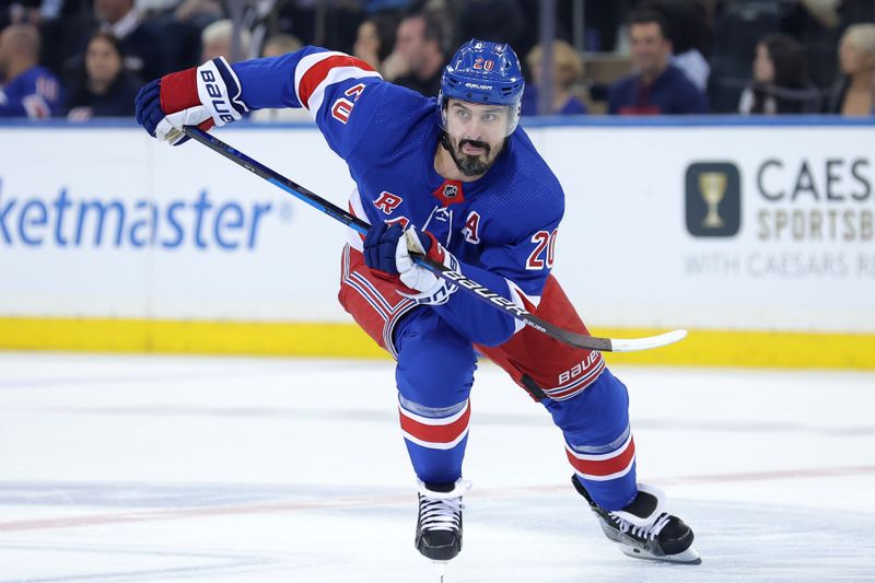 May 22, 2024; New York, New York, USA; New York Rangers left wing Chris Kreider (20) skates against the Florida Panthers during the first period of game one of the Eastern Conference Final of the 2024 Stanley Cup Playoffs at Madison Square Garden. Mandatory Credit: Brad Penner-USA TODAY Sports