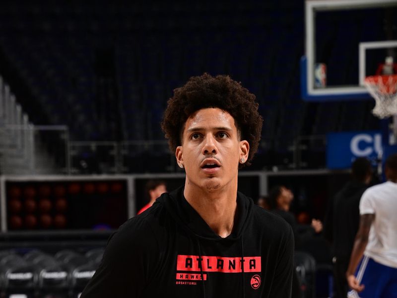 DETROIT, MI - NOVEMBER 8: Jalen Johnson #1 of the Atlanta Hawks warms up before the game against the Detroit Pistons on November  8, 2024 at Little Caesars Arena in Detroit, Michigan. NOTE TO USER: User expressly acknowledges and agrees that, by downloading and/or using this photograph, User is consenting to the terms and conditions of the Getty Images License Agreement. Mandatory Copyright Notice: Copyright 2024 NBAE (Photo by Chris Schwegler/NBAE via Getty Images)