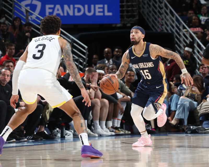 NEW ORLEANS, LA - JANUARY 17:  Jose Alvarado #15 of the New Orleans Pelicans dribbles the ball during the game against the Utah Jazz on January 17, 2025 at the Smoothie King Center in New Orleans, Louisiana. NOTE TO USER: User expressly acknowledges and agrees that, by downloading and or using this Photograph, user is consenting to the terms and conditions of the Getty Images License Agreement. Mandatory Copyright Notice: Copyright 2025 NBAE (Photo by Layne Murdoch Jr./NBAE via Getty Images)