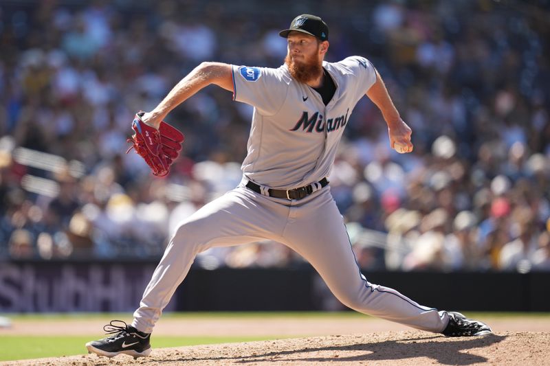 Aug 23, 2023; San Diego, California, USA;  Miami Marlins relief pitcher A.J. Puk (35) throws a pitch against the San Diego Padres during the eighth inning at Petco Park. Mandatory Credit: Ray Acevedo-USA TODAY Sports