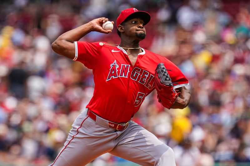 Jun 4, 2025; Boston, Massachusetts, USA; Los Angeles Angels pitcher José Soriano (59) throws a pitch against the Boston Red Sox in the first inning at Fenway Park. Mandatory Credit: David Butler II-Imagn Images