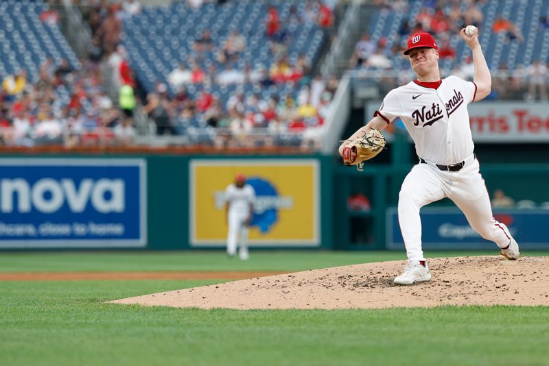 Jul 23, 2024; Washington, District of Columbia, USA; Washington Nationals starting pitcher DJ Herz (74) pitches against the San Diego Padres during the second inning at Nationals Park. Mandatory Credit: Geoff Burke-USA TODAY Sports