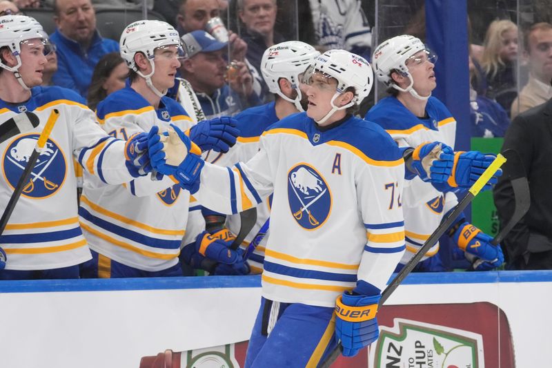 Jan 27, 2026; Toronto, Ontario, CAN; Buffalo Sabres forward Tage Thompson (72) gets congratulated after scoring againstt he Toronto Maple Leafs during the first period at Scotiabank Arena. Mandatory Credit: John E. Sokolowski-Imagn Images