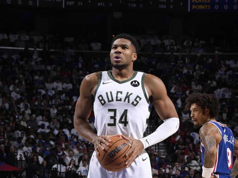 PHILADELPHIA, PA - OCTOBER 23: Giannis Antetokounmpo #34 of the Milwaukee Bucks shoots a free throw during the game against the Philadelphia 76ers on October 23, 2024 at the Wells Fargo Center in Philadelphia, Pennsylvania NOTE TO USER: User expressly acknowledges and agrees that, by downloading and/or using this Photograph, user is consenting to the terms and conditions of the Getty Images License Agreement. Mandatory Copyright Notice: Copyright 2024 NBAE (Photo by David Dow/NBAE via Getty Images)