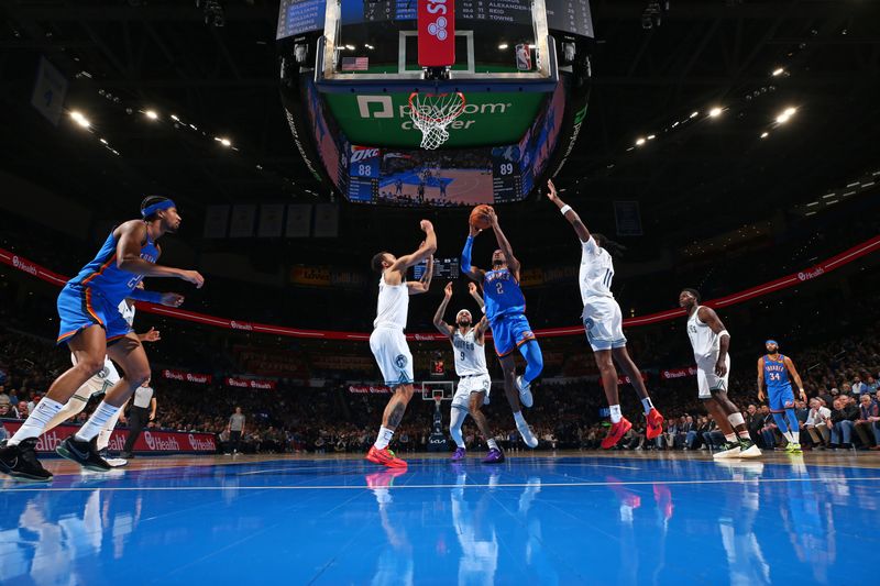 OKLAHOMA CITY, OK - JANUARY 29: Shai Gilgeous-Alexander #2 of the Oklahoma City Thunder drives to the basket during the game against the Minnesota Timberwolves on January 29, 2024 at Paycom Arena in Oklahoma City, Oklahoma. NOTE TO USER: User expressly acknowledges and agrees that, by downloading and or using this photograph, User is consenting to the terms and conditions of the Getty Images License Agreement. Mandatory Copyright Notice: Copyright 2024 NBAE (Photo by Zach Beeker/NBAE via Getty Images)