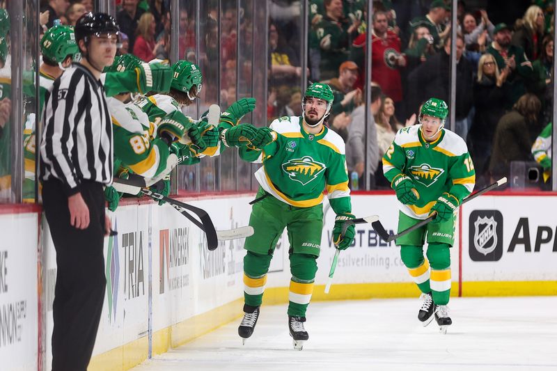 Mar 23, 2024; Saint Paul, Minnesota, USA; Minnesota Wild left wing Marcus Johansson (90) celebrates his goal against the St. Louis Blues during the second period at Xcel Energy Center. Mandatory Credit: Matt Krohn-USA TODAY Sports