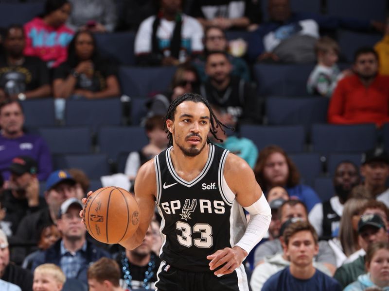 MEMPHIS, TN - APRIL 9: Tre Jones #33 of the San Antonio Spurs dribbles the ball during the game against the Memphis Grizzlies on April 9, 2024 at FedExForum in Memphis, Tennessee. NOTE TO USER: User expressly acknowledges and agrees that, by downloading and or using this photograph, User is consenting to the terms and conditions of the Getty Images License Agreement. Mandatory Copyright Notice: Copyright 2024 NBAE (Photo by Joe Murphy/NBAE via Getty Images)