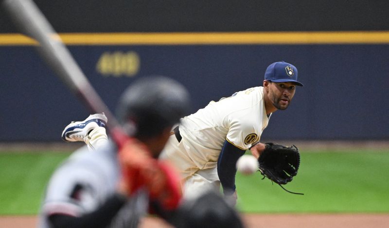 Apr 3, 2024; Milwaukee, Wisconsin, USA; Milwaukee Brewers starting pitcher Joe Ross (41) delivers a pitch in the first inning against the Minnesota Twins at American Family Field. Mandatory Credit: Michael McLoone-USA TODAY Sports