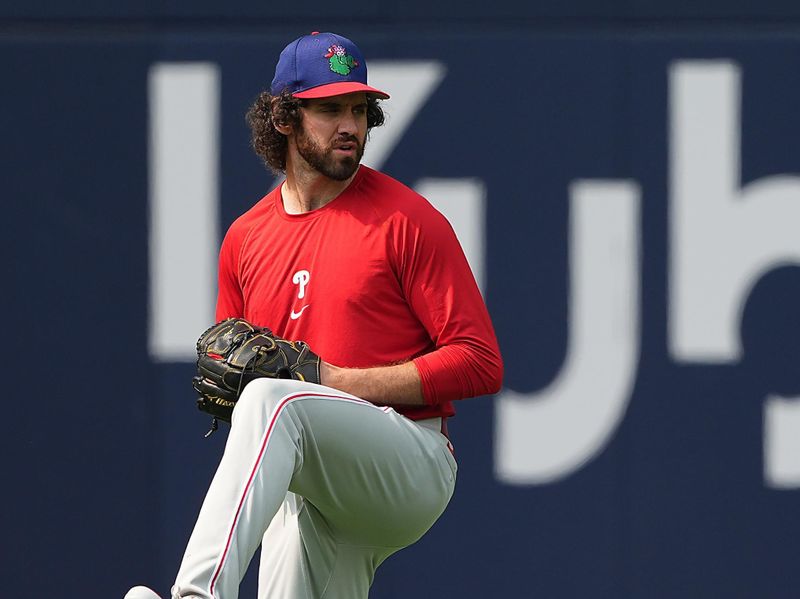 Jun 3, 2025; Toronto, Ontario, CAN; Philadelphia Phillies relief pitcher Jordan Romano (68) warms up during batting practice before a game against the Toronto Blue Jays at Rogers Centre. Mandatory Credit: Nick Turchiaro-Imagn Images