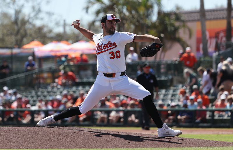 Feb 27, 2025; Sarasota, Florida, USA; Baltimore Orioles starting pitcher Grayson Rodriguez (30) throws a pitch during the first inning against the Toronto Blue Jays  at Ed Smith Stadium. Mandatory Credit: Kim Klement Neitzel-Imagn Images