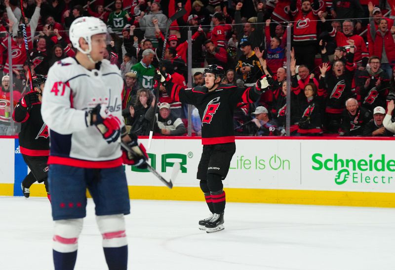 Apr 5, 2024; Raleigh, North Carolina, USA; Carolina Hurricanes center Martin Necas (88) celebrates his goal against the Washington Capitals during the third period at PNC Arena. Mandatory Credit: James Guillory-USA TODAY Sports