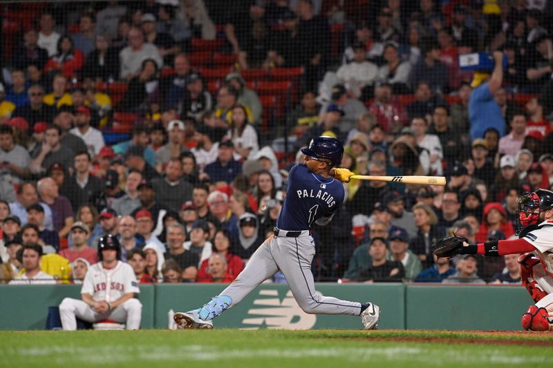 May 15, 2024; Boston, Massachusetts, USA; Tampa Bay Rays right fielder Richie Palacios (1) hits a single against the Boston Red Sox during the sixth inning at Fenway Park. Mandatory Credit: Eric Canha-USA TODAY Sports