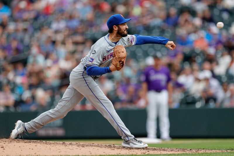 Aug 8, 2024; Denver, Colorado, USA; New York Mets relief pitcher Danny Young (81) pitches in the eighth inning against the Colorado Rockies at Coors Field. Mandatory Credit: Isaiah J. Downing-USA TODAY Sports