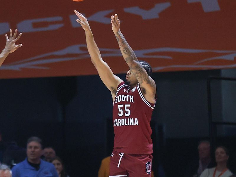 Jan 30, 2024; Knoxville, Tennessee, USA; South Carolina Gamecocks guard Ta'Lon Cooper (55) shoots the ball against the Tennessee Volunteers during the second half at Thompson-Boling Arena at Food City Center. Mandatory Credit: Randy Sartin-USA TODAY Sports