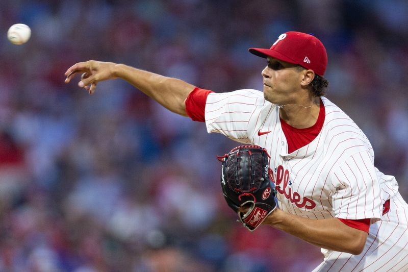 Jul 27, 2024; Philadelphia, Pennsylvania, USA;  Philadelphia Phillies pitcher Tyler Phillips (48) throws a pitch during the eighth inning against the Cleveland Guardians at Citizens Bank Park. Mandatory Credit: Bill Streicher-USA TODAY Sports