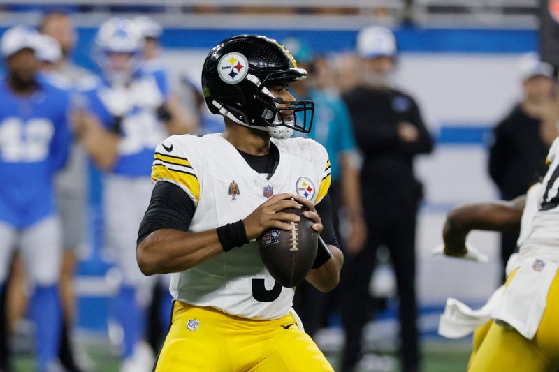 Pittsburgh Steelers quarterback Russell Wilson looks downfield during the first half of an NFL preseason football game against the Detroit Lions, Saturday, Aug. 24, 2024, in Detroit. (AP Photo/Duane Burleson)