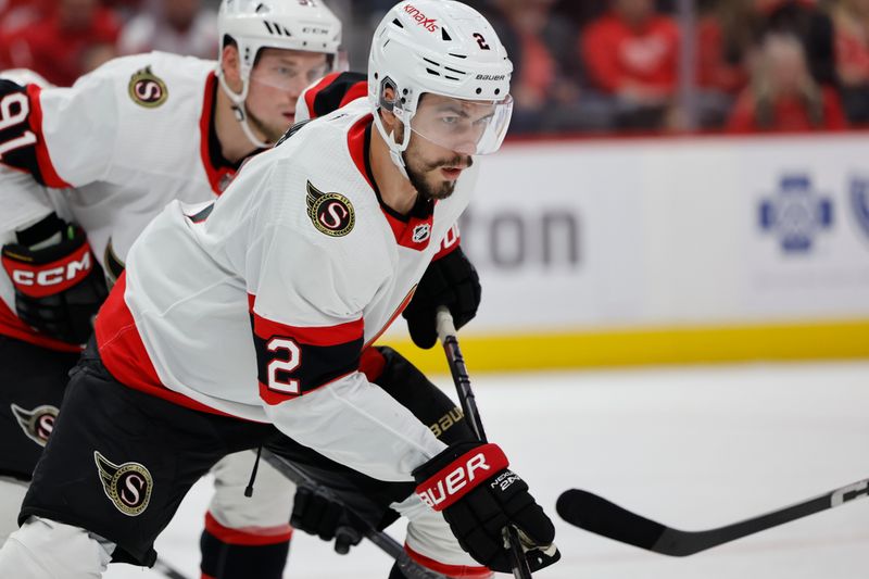 Jan 31, 2024; Detroit, Michigan, USA;  Ottawa Senators defenseman Artem Zub (2) gets set during a face off in the second period against the Detroit Red Wings at Little Caesars Arena. Mandatory Credit: Rick Osentoski-USA TODAY Sports