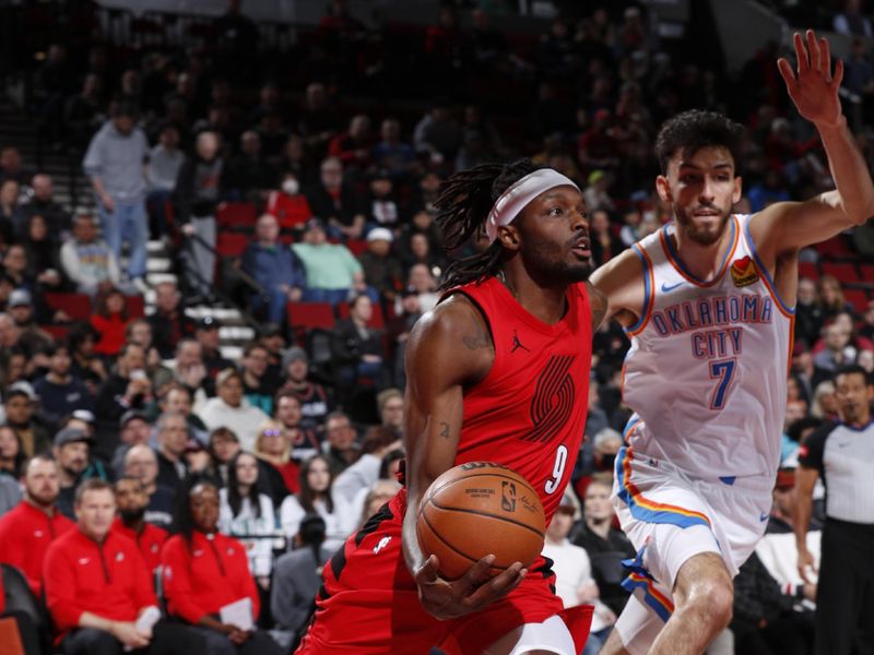 PORTLAND, OR - MARCH 6: Jerami Grant #9 of the Portland Trail Blazers handles the ball during the game against the Oklahoma City Thunder on March 6, 2024 at the Moda Center Arena in Portland, Oregon. NOTE TO USER: User expressly acknowledges and agrees that, by downloading and or using this photograph, user is consenting to the terms and conditions of the Getty Images License Agreement. Mandatory Copyright Notice: Copyright 2024 NBAE (Photo by Cameron Browne/NBAE via Getty Images)