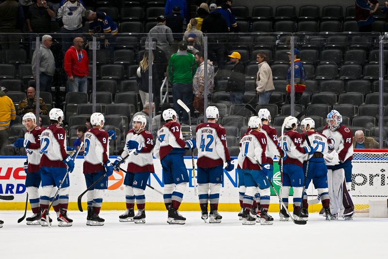 Mar 19, 2024; St. Louis, Missouri, USA;  Colorado Avalanche celebrate after defeating the St. Louis Blues at Enterprise Center. Mandatory Credit: Jeff Curry-USA TODAY Sports