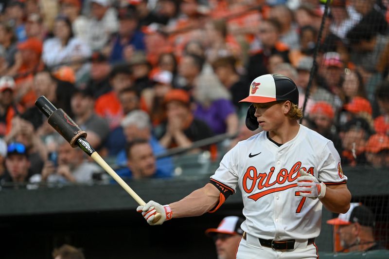 Apr 16, 2024; Baltimore, Maryland, USA;  Baltimore Orioles second baseman Jackson Holliday (7) warms up in the second inning against the Minnesota Twins at Oriole Park at Camden Yards. Mandatory Credit: Tommy Gilligan-USA TODAY Sports