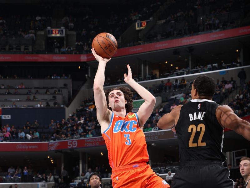 MEMPHIS, TN - MARCH 16:  Josh Giddey #3 of the Oklahoma City Thunder drives to the basket during the game against the Memphis Grizzlies on March 16, 2024 at FedExForum in Memphis, Tennessee. NOTE TO USER: User expressly acknowledges and agrees that, by downloading and or using this photograph, User is consenting to the terms and conditions of the Getty Images License Agreement. Mandatory Copyright Notice: Copyright 2024 NBAE (Photo by Joe Murphy/NBAE via Getty Images)