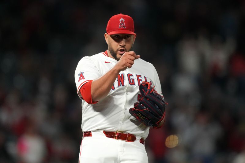 Jun 3, 2024; Anaheim, California, USA; Los Angeles Angels pitcher Carlos Estévez (53) celebrates after the game against the San Diego Padres at Angel Stadium. Mandatory Credit: Kirby Lee-USA TODAY Sports