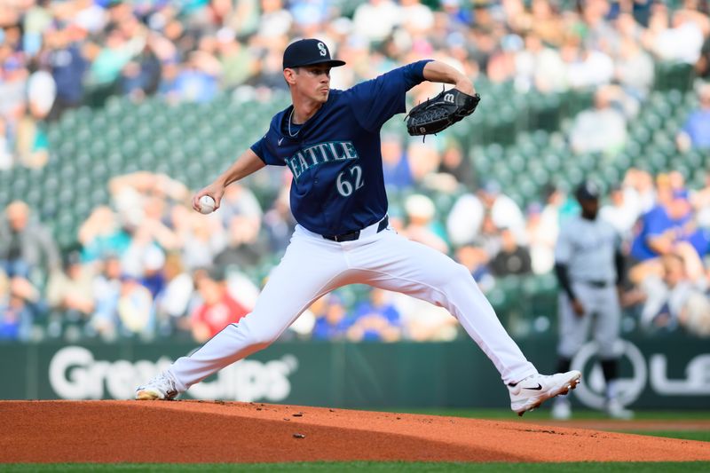 Jun 13, 2024; Seattle, Washington, USA; Seattle Mariners starting pitcher Emerson Hancock (62) pitches to the Chicago White Sox during the first inning at T-Mobile Park. Mandatory Credit: Steven Bisig-USA TODAY Sports