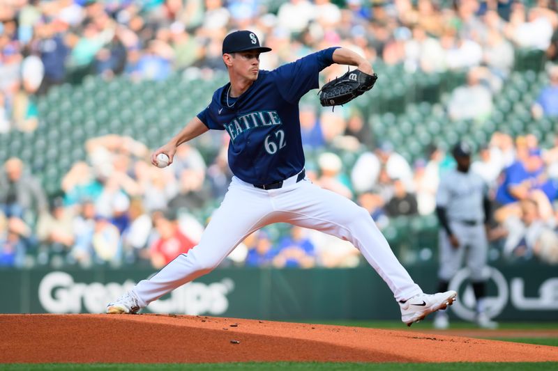 Jun 13, 2024; Seattle, Washington, USA; Seattle Mariners starting pitcher Emerson Hancock (62) pitches to the Chicago White Sox during the first inning at T-Mobile Park. Mandatory Credit: Steven Bisig-USA TODAY Sports