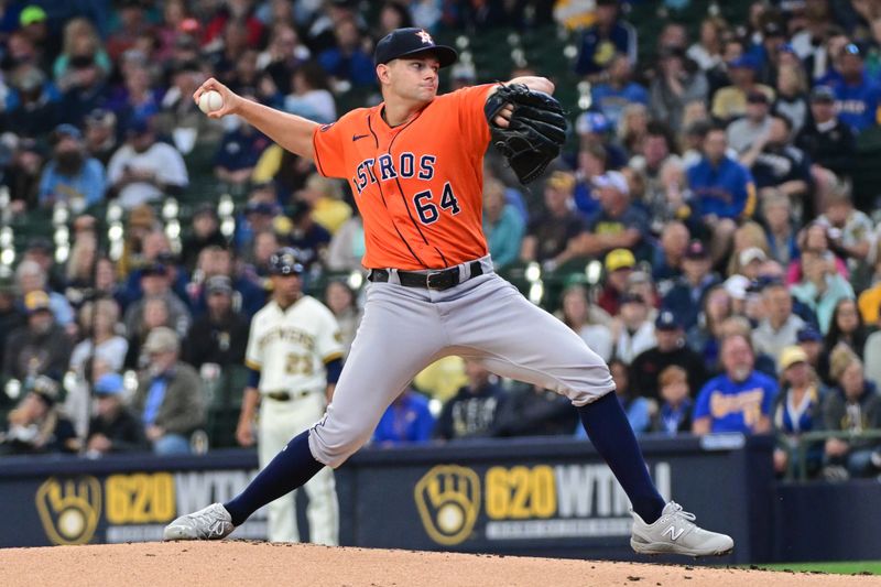 May 24, 2023; Milwaukee, Wisconsin, USA; Houston Astros pitcher Brandon Bielak (64) pitches against the Milwaukee Brewers in the first inning at American Family Field. Mandatory Credit: Benny Sieu-USA TODAY Sports