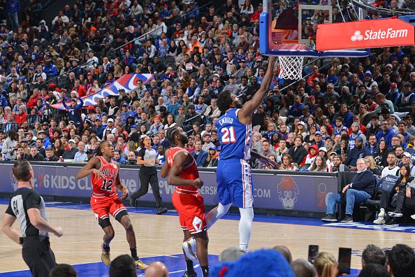 PHILADELPHIA, PA - JANUARY 2: Joel Embiid #21 of the Philadelphia 76ers drives to the basket during the game against the Chicago Bulls on January 2, 2024 at the Wells Fargo Center in Philadelphia, Pennsylvania NOTE TO USER: User expressly acknowledges and agrees that, by downloading and/or using this Photograph, user is consenting to the terms and conditions of the Getty Images License Agreement. Mandatory Copyright Notice: Copyright 2023 NBAE (Photo by Jesse D. Garrabrant/NBAE via Getty Images)