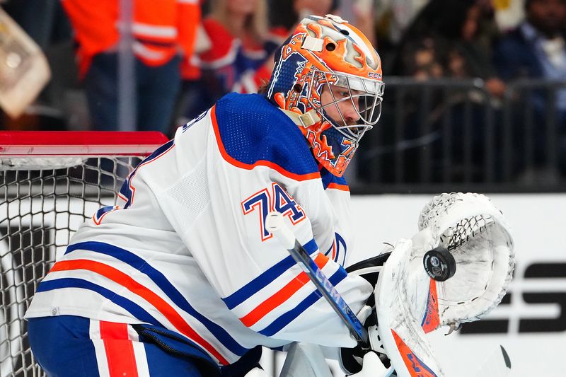 Feb 6, 2024; Las Vegas, Nevada, USA; Edmonton Oilers goaltender Stuart Skinner (74) warms up before a game against the Vegas Golden Knights at T-Mobile Arena. Mandatory Credit: Stephen R. Sylvanie-USA TODAY Sports