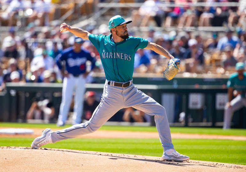 Mar 13, 2024; Phoenix, Arizona, USA; Seattle Mariners pitcher Casey Lawrence against the Los Angeles Dodgers during a spring training game at Camelback Ranch-Glendale. Mandatory Credit: Mark J. Rebilas-USA TODAY Sports